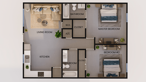 Floor plan for 2 beds, 2 baths, 862 sqft